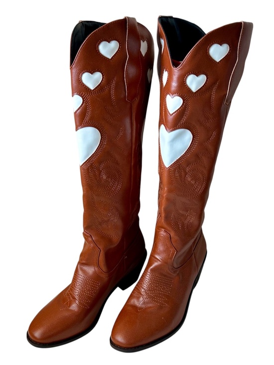 Shoes - Cowboy Boot Tall Brown White Hearts Inlay Pull Strap Wide Calf Heel 1.5" 38/7.5